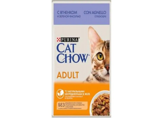 Корм Cat Chow Adult 1+, ягненок и зеленая фасоль в желе 85 гр